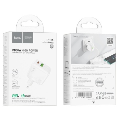 мережевий зарядний пристрій hoco c111a pd30w+ qc3.0 (1usb/1type-c) (білий) 