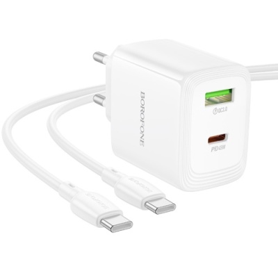 мережевий зарядний пристрій borofone bn30 1usb/18w/qc3.0 + 1type-c/45w/pd + (type-c - type-c) (білий) 