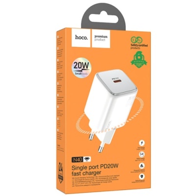 мережевий зарядний пристрій hoco n40 mighty 1type-c/20w/pd (білий) 
