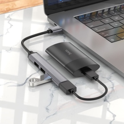 usb hub hoco hb26 4-in-1 adapter (usb to usb3.0+usb2.0*3) (сiрий) 