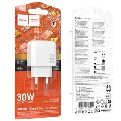 мережевий зарядний пристрій hoco cs55a 1usb/18w/qc3.0 + 1type-c/30w/pd (білий) 
