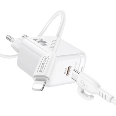 мережевий зарядний пристрій borofone bas43a 1type-c/20w/pd + (type-c - lightning) (білий) 