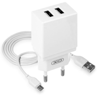 мережевий зарядний пристрій xo l75 2usb/2.4a + (usb - microusb) (бiлий) 