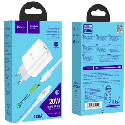 мережевий зарядний пристрій hoco c80a 1usb/18w/qc3.0 + 1type-c/20w/pd + (type-c - lightning) (білий) 