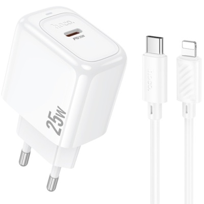 мережевий зарядний пристрій hoco cs53a 1type-c/25w/pd + (type-c - lightning) (бiлий) 