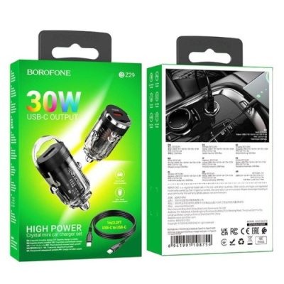 Автомобільний Зарядний Пристрій Borofone BZ29 1Type-C/30W/PD + (Type-C - Type-C) (Чорний)