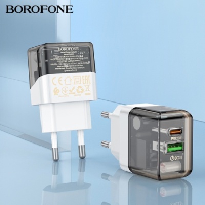 мережевий зарядний пристрій borofone ba80a 1usb/18w/qc3.0 + 1type-c/20w/pd (прозоро-чорний) 