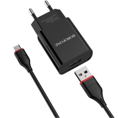 мережевий зарядний пристрій borofone ba20a 1usb/2.1a + (usb - microusb) (чорний) 