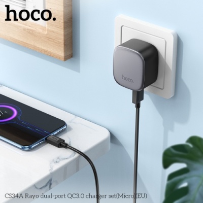 мережевий зарядний пристрій hoco cs34a 2usb/18w/qc3.0 + (usb - microusb) (чорний) 