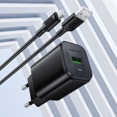 мережевий зарядний пристрій borofone bas82a qc3.0 (1usb/3a) + usb - type-c (чорний) 