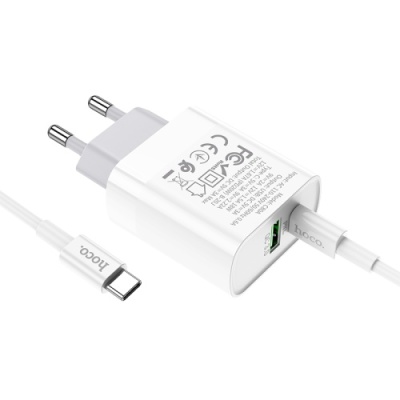 мережевий зарядний пристрій hoco c80a 1usb/18w/qc3.0 + 1type-c/20w/pd + (type-c - type-c) (білий) 