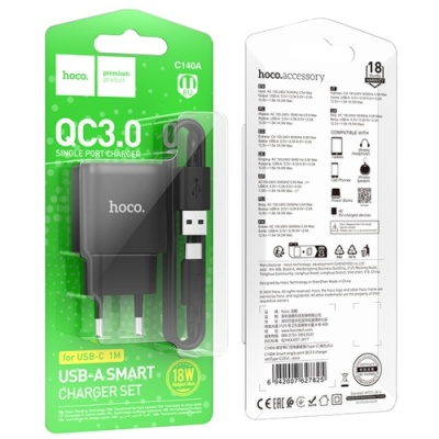 мережевий зарядний пристрій hoco c140a 1usb/18w/qc3.0 + (usb - type-c) (чорний) 