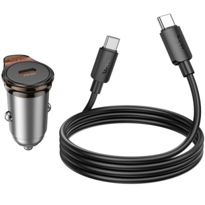 Автомобільний Зарядний Пристрій Hoco NZ16 PD30W (1Type-C) + (Type-C - Type-C) (сірий)