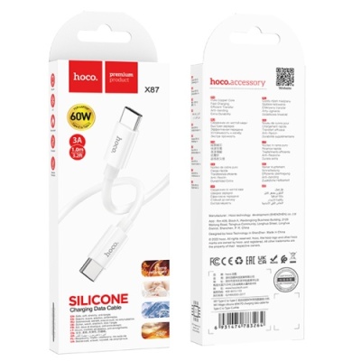кабель hoco x87 magic silicone (pd) type-c - type-c 60w 3a/1m (білий) 