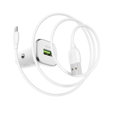 Автомобільний Зарядний Пристрій Borofone BZ12A 1USB/18W/QC3.0 + (USB - MicroUSB) (Білий)