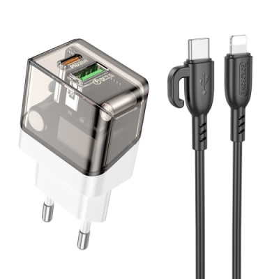 мережевий зарядний пристрій borofone ba80a 1usb/18w/qc3.0 + 1type-c/20w/pd + (type-c - lightning) (прозоро-чорний) 