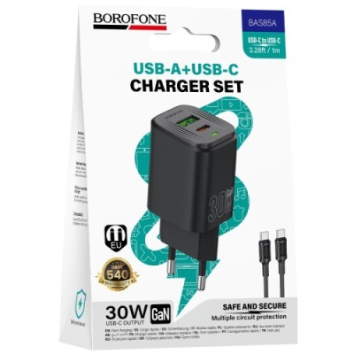 мережевий зарядний пристрій borofone bas85a pd30w + qc3.0 (1usb/1type-c/3a) + type-c - type-c (чорний) 