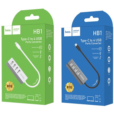 usb hub type-c hoco hb1 4usb (сталевий) 