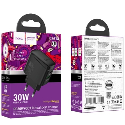мережевий зарядний пристрій hoco cs61a 1usb/18w/qc3.0 + 1type-c/30w/pd (чорний) 