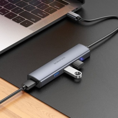 usb hub borofone dh12 4-в-1 type-c to usb3.0*4(l=0.2m) (сірий) 
