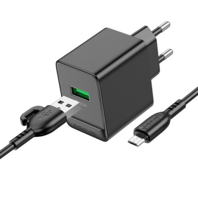 мережевий зарядний пристрій borofone bas12a 1usb/18w/qc3.0 + (usb - microusb) (чорний) 