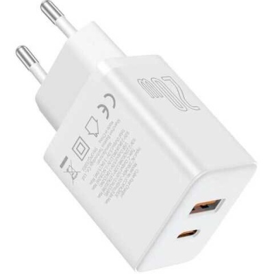 мережевий зарядний пристрій baseus cube fast charger eu (p10111403213-00) 1usb/18w/qc3.0 + 1type-c/20w/pd (білий) 