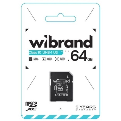 карта пам'яті wibrand microsdxc 64gb uhs-1 u3 10 class + adapter (чорний) 