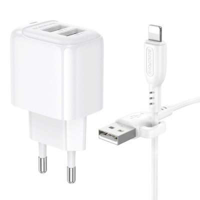 мережевий зарядний пристрій borofone bas41a 2usb/12w/2.4a + (usb - lightning) (білий) 