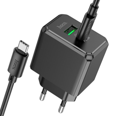 мережевий зарядний пристрій hoco cs14a 1usb/18w/qc3.0 + 1type-c/20w/pd + (type-c - type-c) (чорний) 